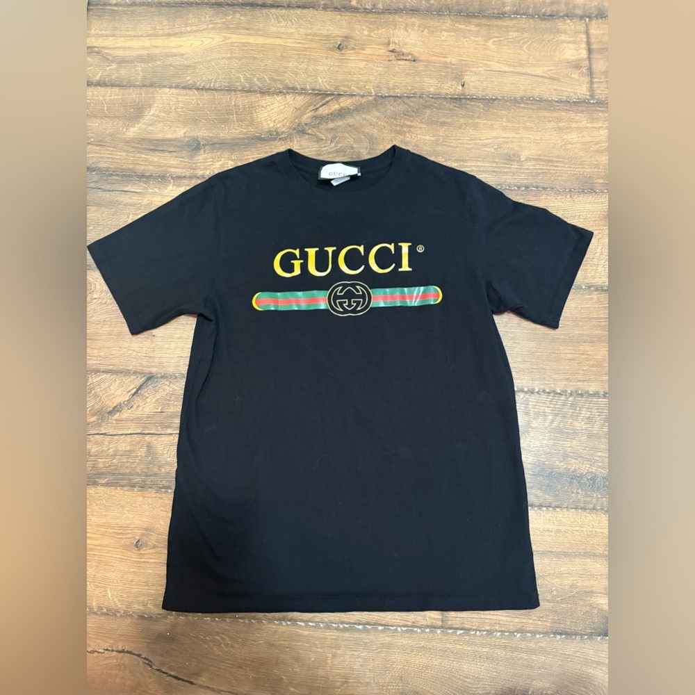 Gucci Black Short Sleeve Tee with Red and Green Accents